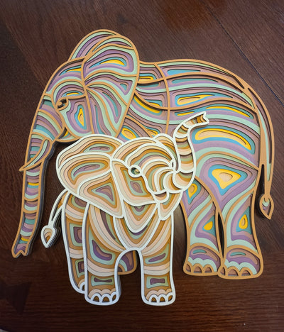 Wood Wall Art-Elephant  Mom and Child Colorful 3D Multi-Layer