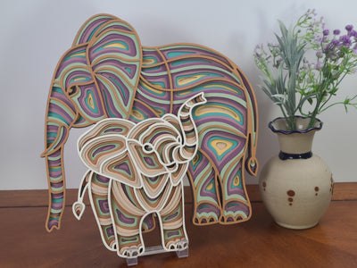 Wood Wall Art-Elephant  Mom and Child Colorful 3D Multi-Layer