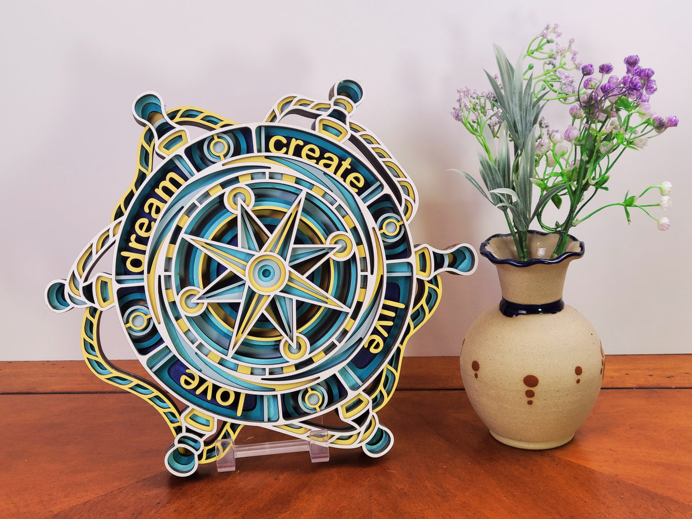 Wood Wall Art-Steering Wheel Compass 3D Mandala