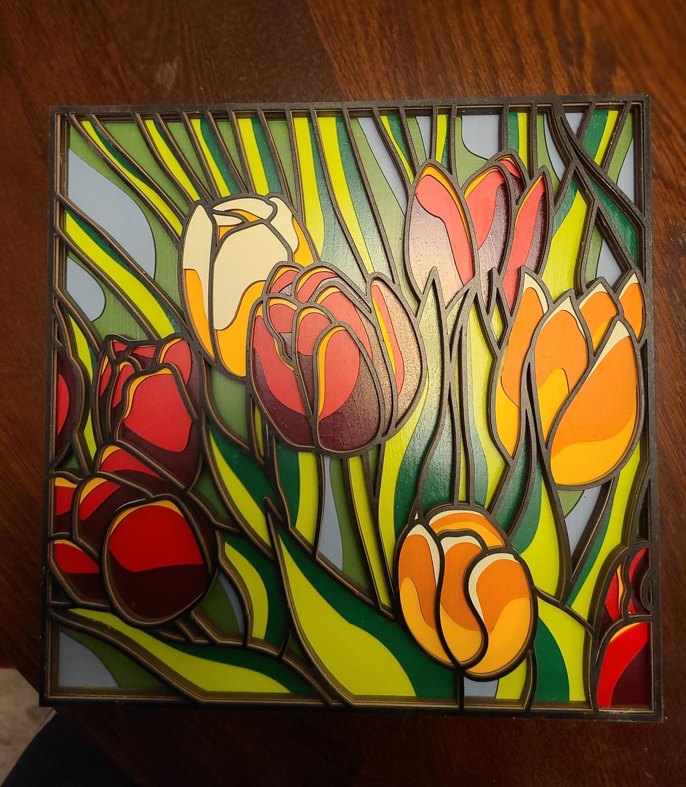 Wood Wall Art-Tulips Bursting Into Spring.  10 Hand Painted Layers.